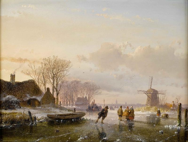 Andreas Schelfhout Skaters and figures on a frozen river China oil painting art